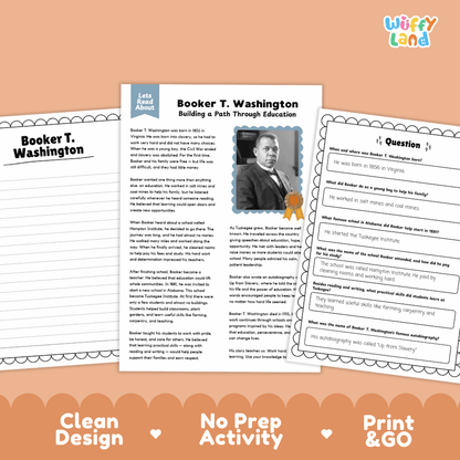Educational worksheet and activity cards for a 'Booker T. Washington' lesson, displayed on a peach-colored background with 'Wiffly Land' branding in the top right.