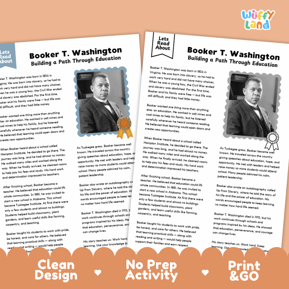 Two printed educational activity sheets about Booker T. Washington, shown side by side on a peach background with the text 'Let's Read About' and 'Clean Design No Prep Activity Print & Go.