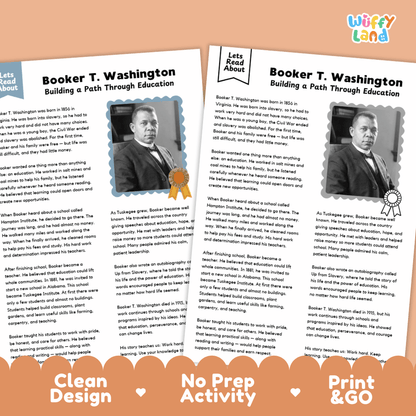Two printed educational activity sheets about Booker T. Washington, shown side by side on a peach background with the text 'Let's Read About' and 'Clean Design No Prep Activity Print & Go.