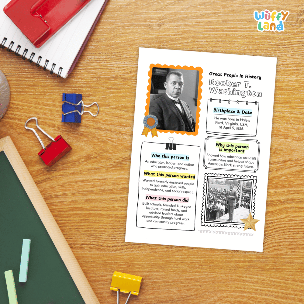 A printed educational worksheet about Booker T. Washington laid on a wooden desk, surrounded by school supplies including a spiral notebook, binder clips, chalk, and a green board.