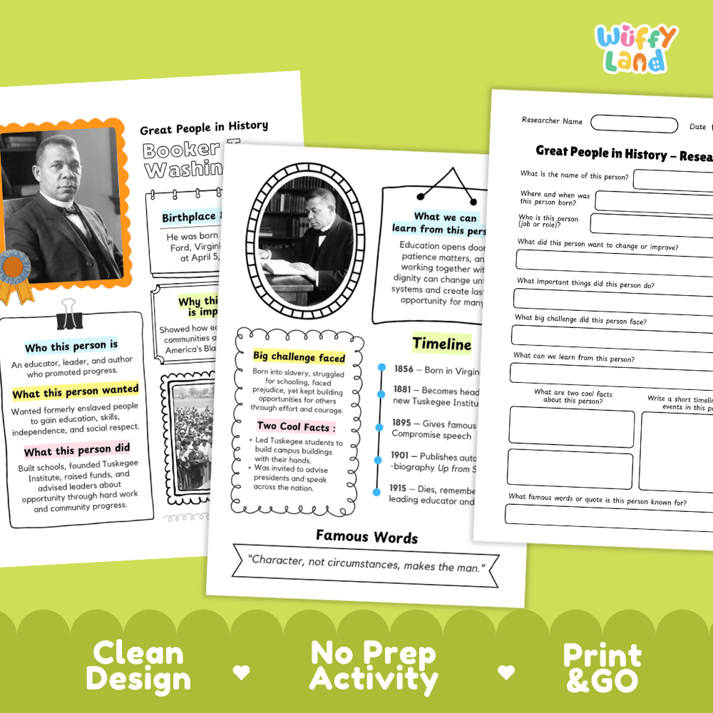 Three printable educational activity sheets for 'Great People in History' are displayed on a white background with a green decorative footer. The sheets feature black text, diagrams, timelines, and a portrait of Booker Washington.