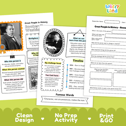 Three printable educational activity sheets for 'Great People in History' are displayed on a white background with a green decorative footer. The sheets feature black text, diagrams, timelines, and a portrait of Booker Washington.