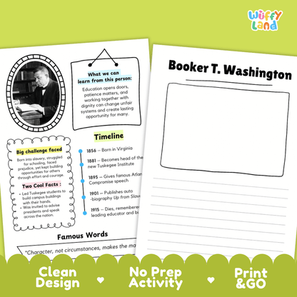 Two printable educational activity sheets for Booker T. Washington displayed on a bright lime green background.