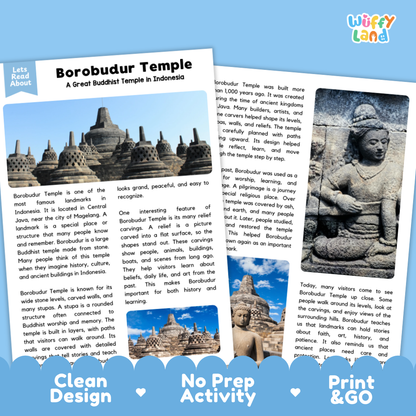 Borobudur Temple Landmark Reading Passage and Comprehension Worksheets