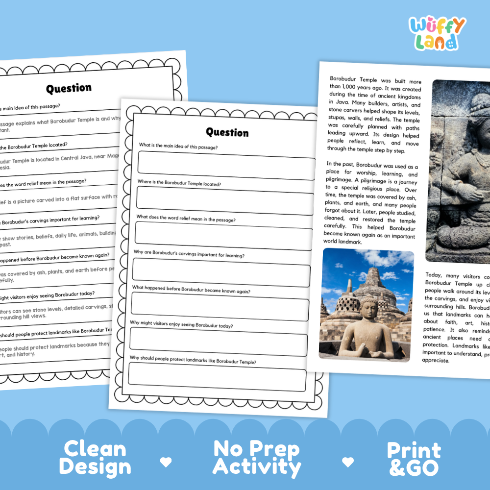 Borobudur Temple Landmark Reading Passage and Comprehension Worksheets