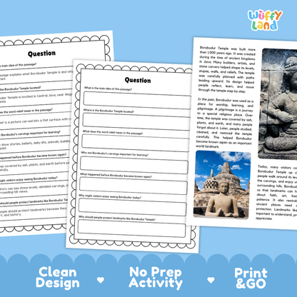 Borobudur Temple Landmark Reading Passage and Comprehension Worksheets