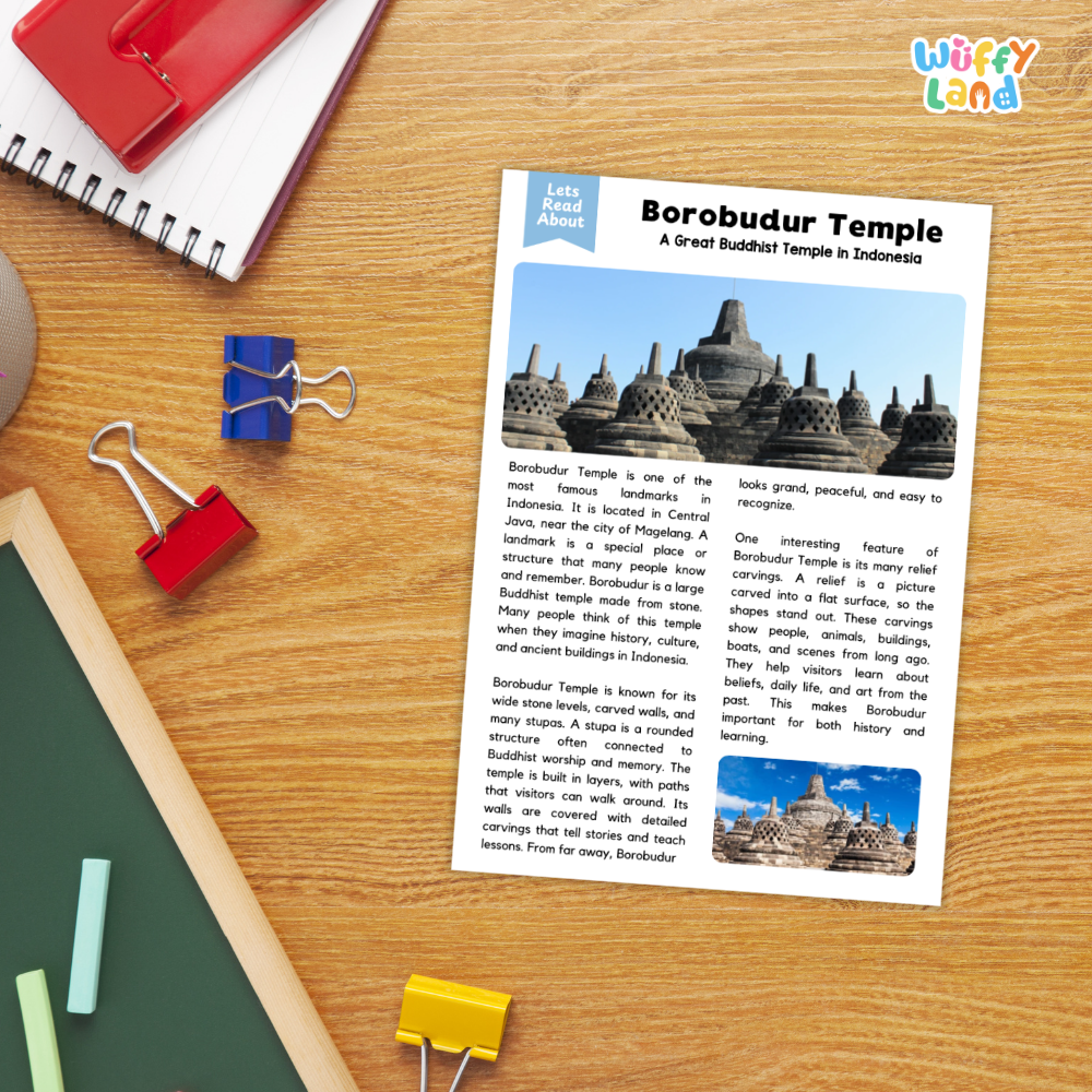 A children's educational poster titled 'Borodudur Temple: A Great Buddhist Temple in Indonesia' from the brand 'Wiffly Land', styled on a wooden desk with school supplies including a spiral notebook, red notebook pages, blue and red binder clips, and a green folder.