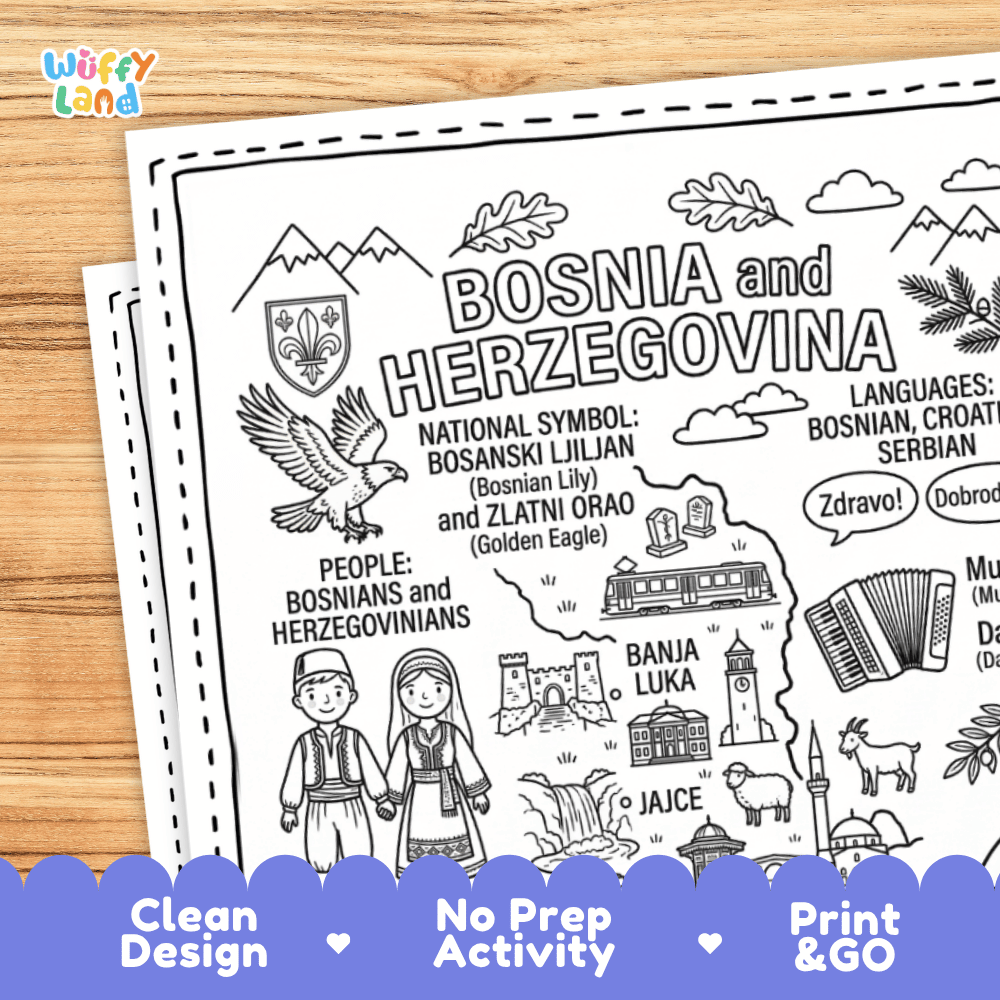 Cultural coloring page featuring traditional folk dress, accordion folk music, traditional dance, and greeting speech bubbles