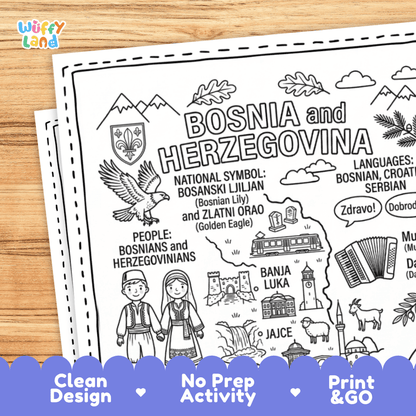 Cultural coloring page featuring traditional folk dress, accordion folk music, traditional dance, and greeting speech bubbles