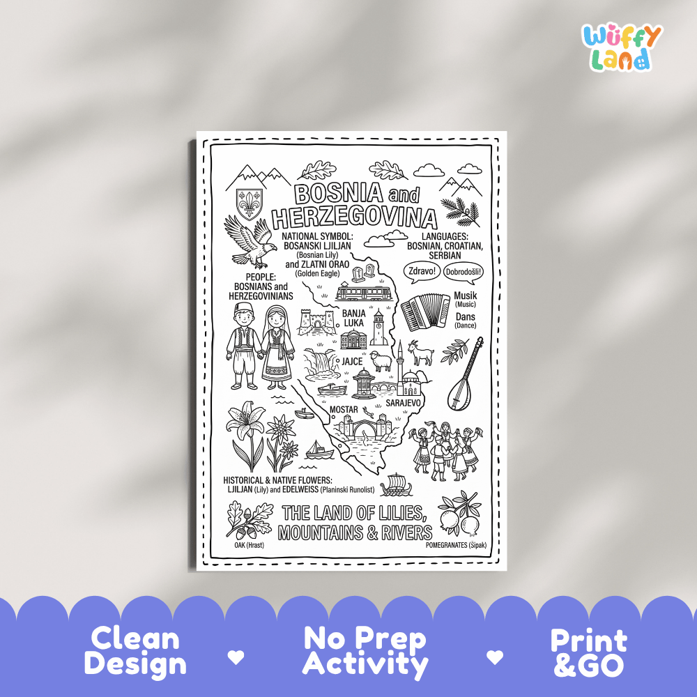 Educational activity coloring page highlighting Bosnia and Herzegovina's symbols the Golden Eagle, Bosnian Lily, and Edelweiss