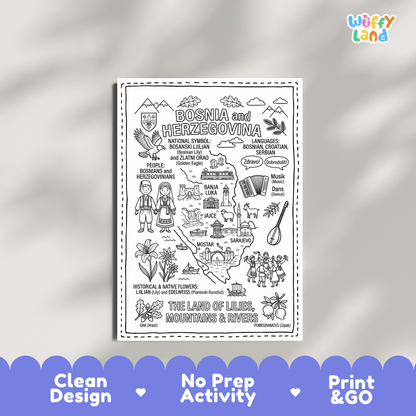 Educational activity coloring page highlighting Bosnia and Herzegovina's symbols the Golden Eagle, Bosnian Lily, and Edelweiss