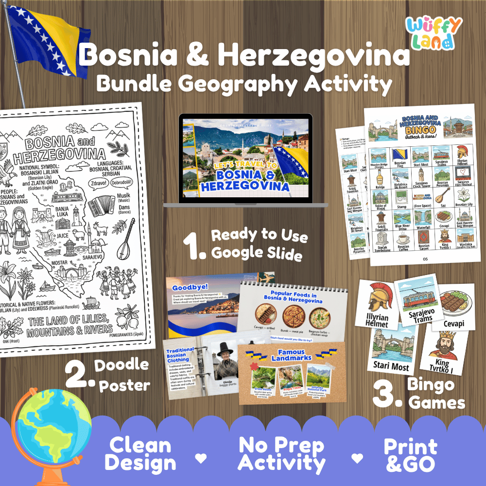 Complete Bosnia and Herzegovina geography activity bundle featuring Google Slides, doodle coloring poster, and classroom bingo games 🇧🇦🎒