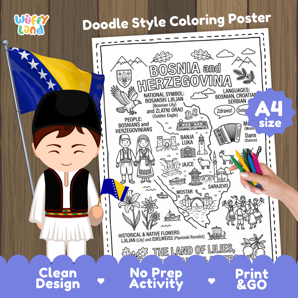 Bosnia and Herzegovina country study doodle style coloring poster printable page featuring map, landmarks, and cultural symbols