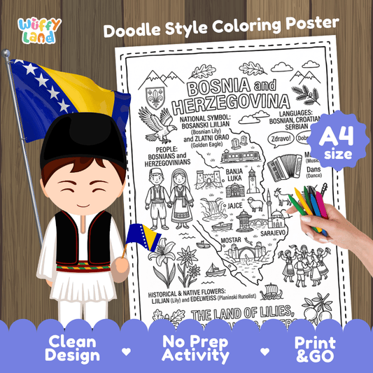 Bosnia and Herzegovina country study doodle style coloring poster printable page featuring map, landmarks, and cultural symbols