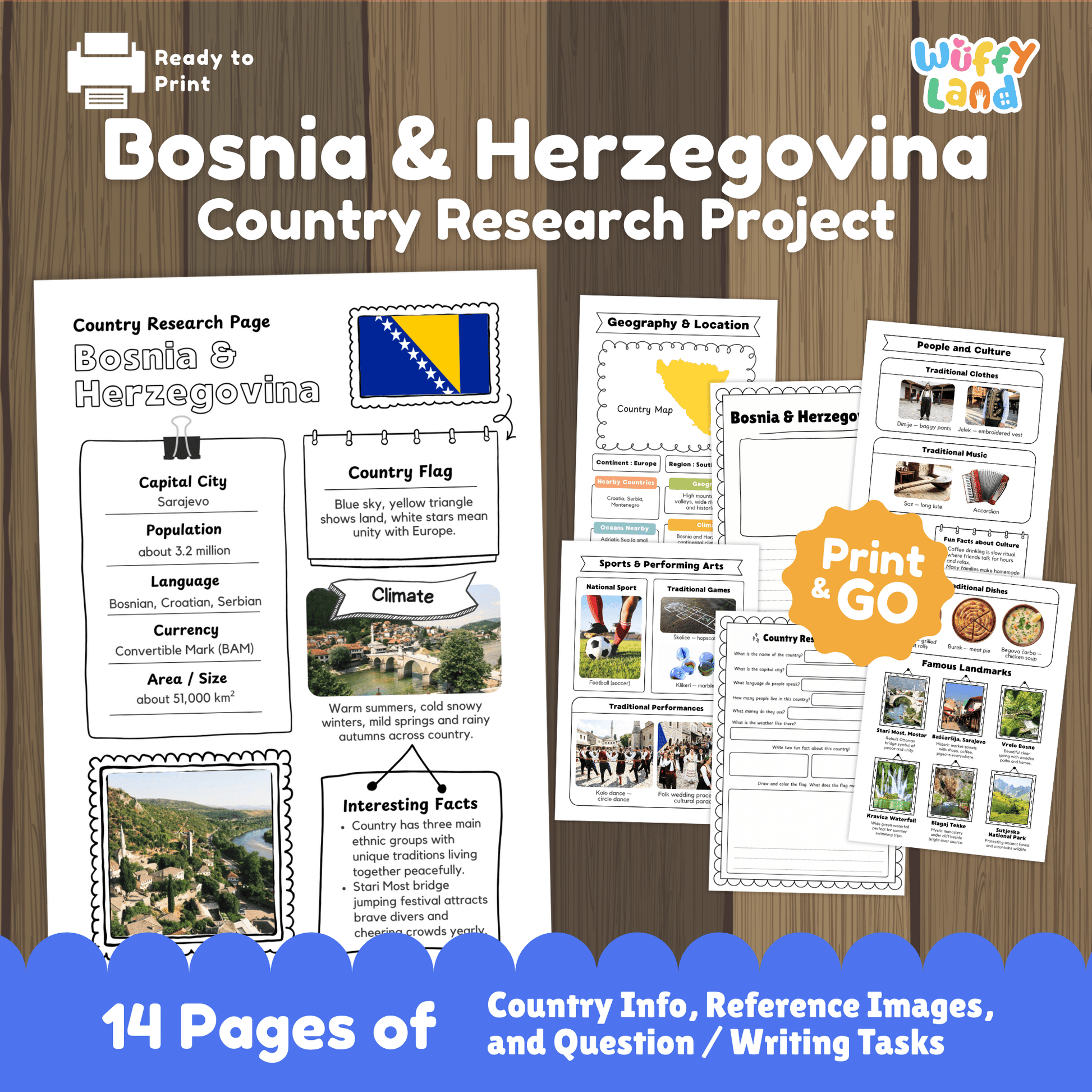 A country research project worksheet about Bosnia & Herzegovina, detailing its capital city (Sarajevo), population, language, currency, and area. The page includes the country’s flag, a country map, traditional clothes, music, and national sports. It also features landmarks, famous dishes, and interesting facts about the country, including its climate and the unique traditions of its ethnic groups. The resource is designed for educational purposes to learn about Bosnia & Herzegovina’s geography and culture.