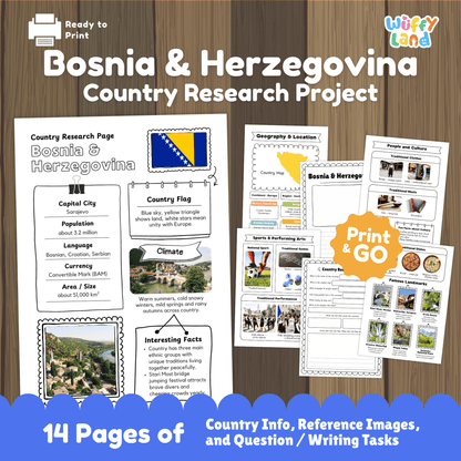 A country research project worksheet about Bosnia & Herzegovina, detailing its capital city (Sarajevo), population, language, currency, and area. The page includes the country’s flag, a country map, traditional clothes, music, and national sports. It also features landmarks, famous dishes, and interesting facts about the country, including its climate and the unique traditions of its ethnic groups. The resource is designed for educational purposes to learn about Bosnia & Herzegovina’s geography and culture.