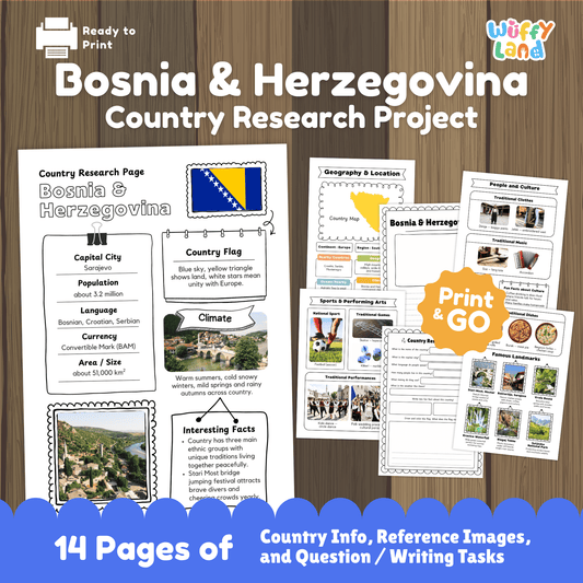 A country research project worksheet about Bosnia & Herzegovina, detailing its capital city (Sarajevo), population, language, currency, and area. The page includes the country’s flag, a country map, traditional clothes, music, and national sports. It also features landmarks, famous dishes, and interesting facts about the country, including its climate and the unique traditions of its ethnic groups. The resource is designed for educational purposes to learn about Bosnia & Herzegovina’s geography and culture.