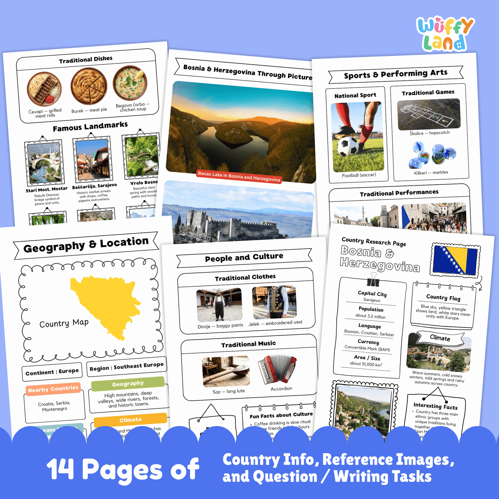 A country research project worksheet about Bosnia & Herzegovina, detailing its capital city (Sarajevo), population, language, currency, and area. The page includes the country’s flag, a country map, traditional clothes, music, and national sports. It also features landmarks, famous dishes, and interesting facts about the country, including its climate and the unique traditions of its ethnic groups. The resource is designed for educational purposes to learn about Bosnia & Herzegovina’s geography and culture.