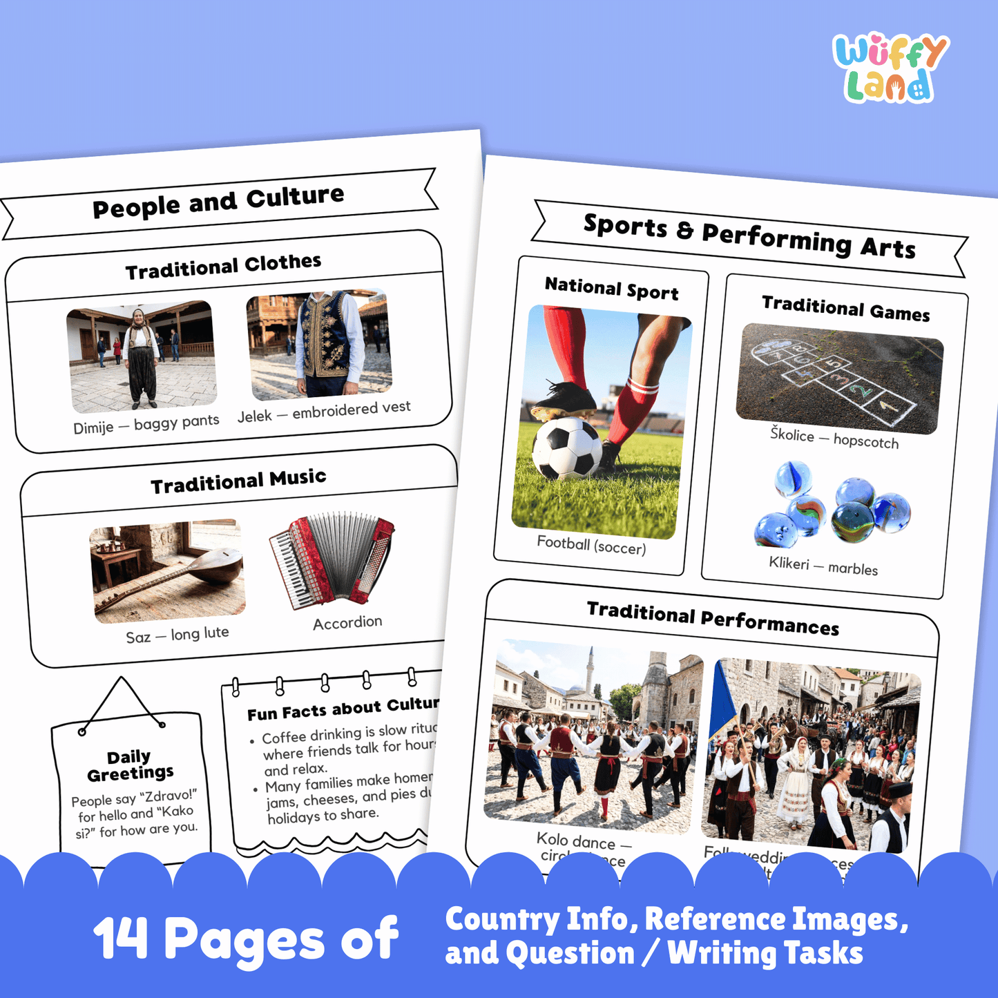 A country research project worksheet about Bosnia & Herzegovina, detailing its capital city (Sarajevo), population, language, currency, and area. The page includes the country’s flag, a country map, traditional clothes, music, and national sports. It also features landmarks, famous dishes, and interesting facts about the country, including its climate and the unique traditions of its ethnic groups. The resource is designed for educational purposes to learn about Bosnia & Herzegovina’s geography and culture.