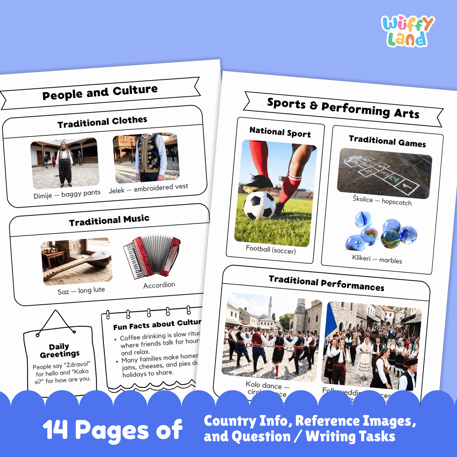A country research project worksheet about Bosnia & Herzegovina, detailing its capital city (Sarajevo), population, language, currency, and area. The page includes the country’s flag, a country map, traditional clothes, music, and national sports. It also features landmarks, famous dishes, and interesting facts about the country, including its climate and the unique traditions of its ethnic groups. The resource is designed for educational purposes to learn about Bosnia & Herzegovina’s geography and culture.