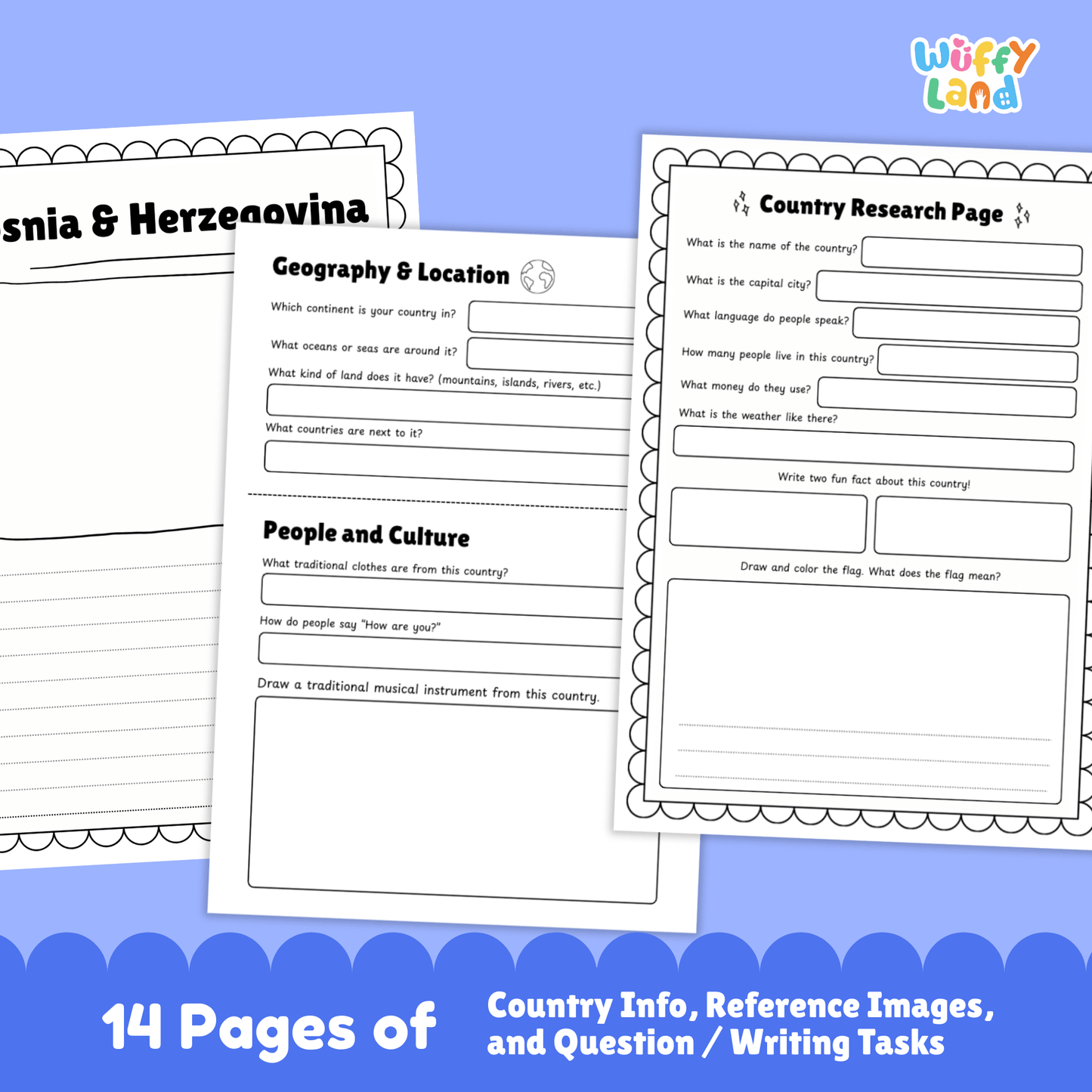 A country research project worksheet about Bosnia & Herzegovina, detailing its capital city (Sarajevo), population, language, currency, and area. The page includes the country’s flag, a country map, traditional clothes, music, and national sports. It also features landmarks, famous dishes, and interesting facts about the country, including its climate and the unique traditions of its ethnic groups. The resource is designed for educational purposes to learn about Bosnia & Herzegovina’s geography and culture.