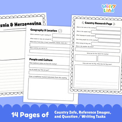 A country research project worksheet about Bosnia & Herzegovina, detailing its capital city (Sarajevo), population, language, currency, and area. The page includes the country’s flag, a country map, traditional clothes, music, and national sports. It also features landmarks, famous dishes, and interesting facts about the country, including its climate and the unique traditions of its ethnic groups. The resource is designed for educational purposes to learn about Bosnia & Herzegovina’s geography and culture.