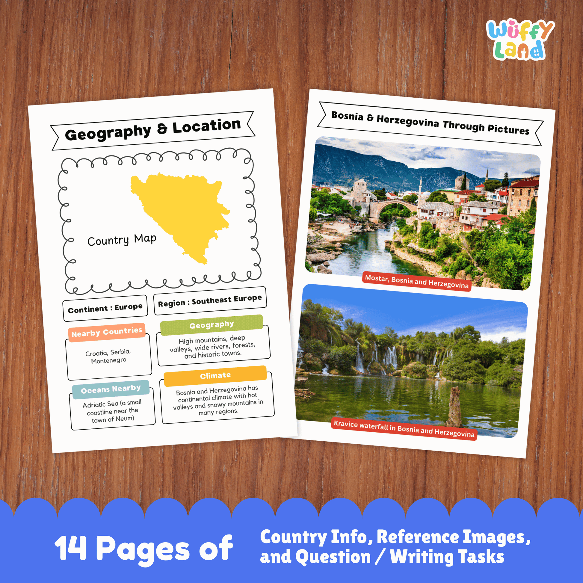 A country research project worksheet about Bosnia & Herzegovina, detailing its capital city (Sarajevo), population, language, currency, and area. The page includes the country’s flag, a country map, traditional clothes, music, and national sports. It also features landmarks, famous dishes, and interesting facts about the country, including its climate and the unique traditions of its ethnic groups. The resource is designed for educational purposes to learn about Bosnia & Herzegovina’s geography and culture.
