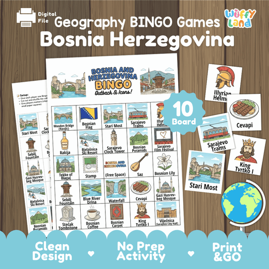 Classroom educational Bingo game cards featuring Stari Most, King Tvrtko I, Sarajevo Trams, and Cevapi 🎲🥩