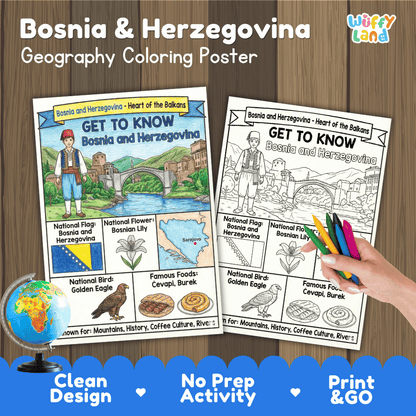 Bosnia and Herzegovina Geography Coloring Poster | Country Study Research Worksheet Activity