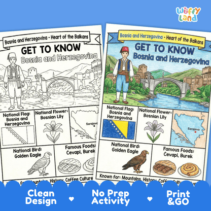 Bosnia and Herzegovina Geography Coloring Poster | Country Study Research Worksheet Activity
