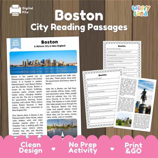 Boston city reading passages and comprehension worksheet educational unit featuring nonfiction text and authentic Boston Massachusetts skyline and harbor photography
