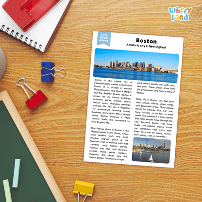 Lined reading comprehension question worksheet covering main ideas vocabulary terms and landmark facts about Boston Massachusetts