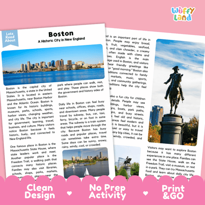 Reference sheet and answer key for Boston landmark reading passage displaying completed comprehension answers and United States geography facts