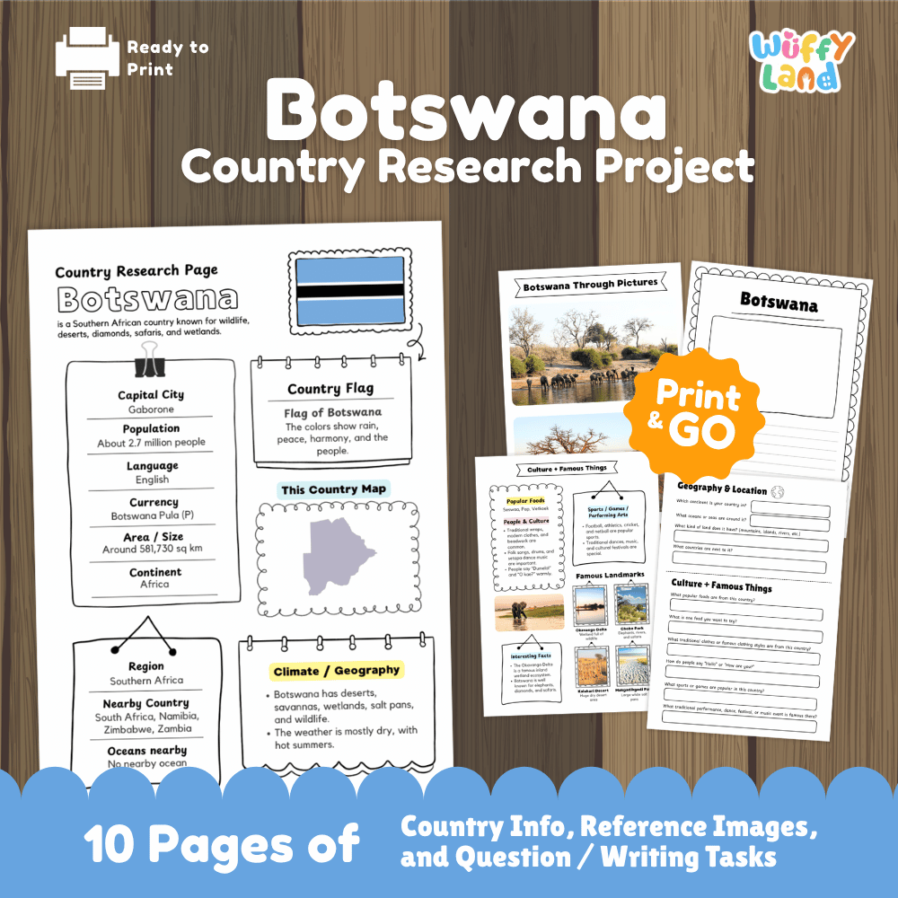 Botswana Country Research Project Worksheets and Activity Pages
