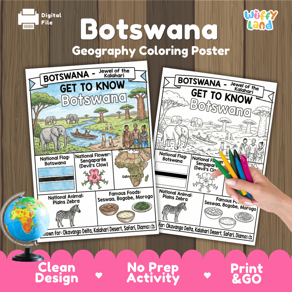 Botswana Geography Coloring Poster and Fact Sheet Printable Worksheets