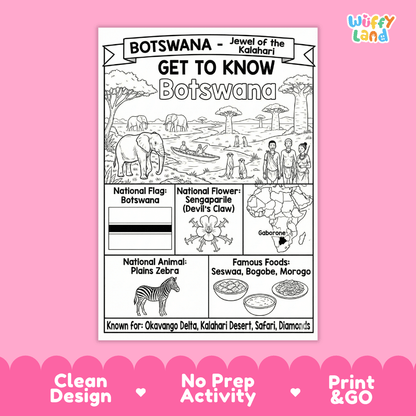 Botswana Geography Coloring Poster and Fact Sheet Printable Worksheets