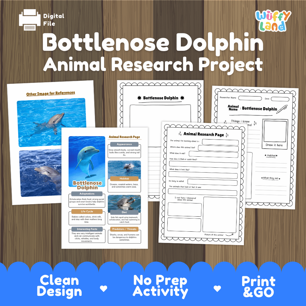 Bottlenose Dolphin Animal Research Project Worksheets and Fact Sheet Activity