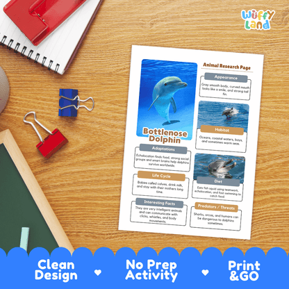 Bottlenose Dolphin Animal Research Project Worksheets and Fact Sheet Activity