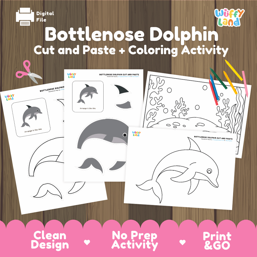 Bottlenose Dolphin Cut and Paste Craft and Coloring Activity Worksheets