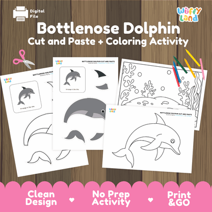 Bottlenose Dolphin Cut and Paste Craft and Coloring Activity Worksheets