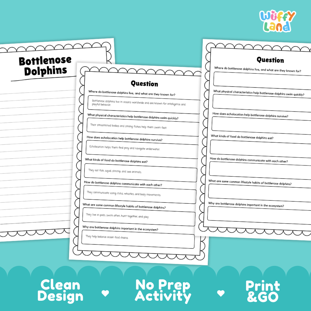 Bottlenose Dolphin Reading Passage and Comprehension Questions with Answer Key Worksheets