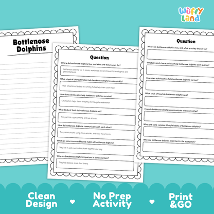 Bottlenose Dolphin Reading Passage and Comprehension Questions with Answer Key Worksheets