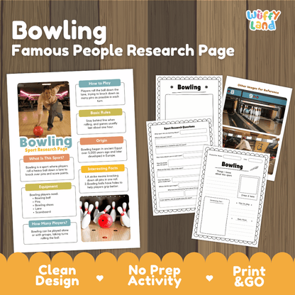 A product listing graphic for a 'Bowling Famous People Research Page' activity sheet by Wiffy Land, showing several printed worksheet pages laid out on a wood background with promotional text at the bottom.