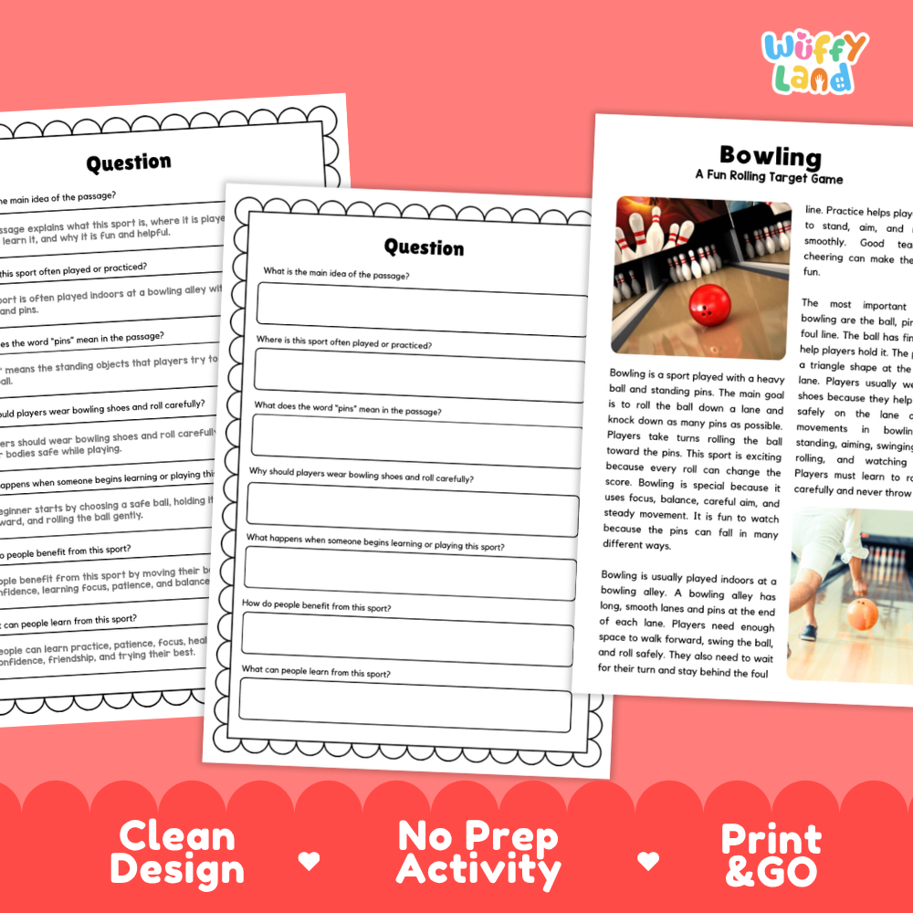 Bowling Sports Reading Passages and Comprehension Questions Worksheets
