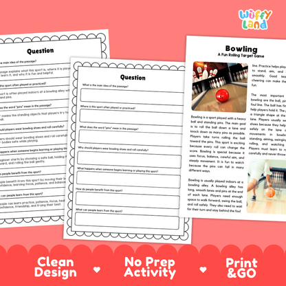 Bowling Sports Reading Passages and Comprehension Questions Worksheets