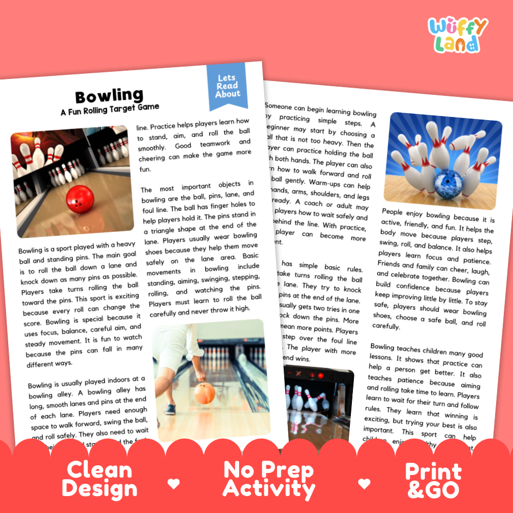 Bowling Sports Reading Passages and Comprehension Questions Worksheets