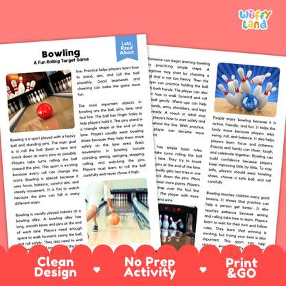 Bowling Sports Reading Passages and Comprehension Questions Worksheets