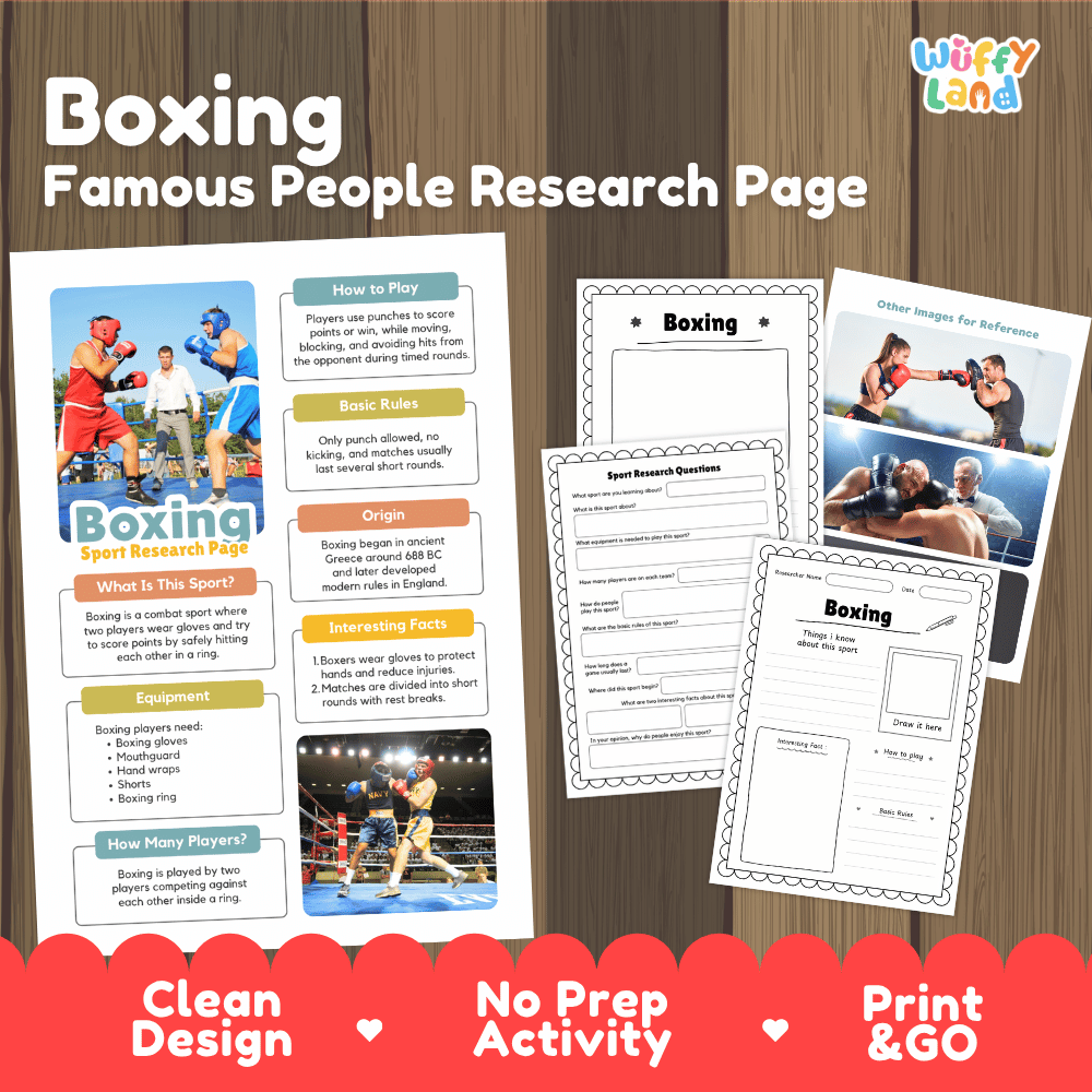 Boxing Famous People Research Page activity sheet set by Wiffy Land, featuring a main printed page and three smaller worksheet pages displayed on a wood background with promotional text at the bottom.