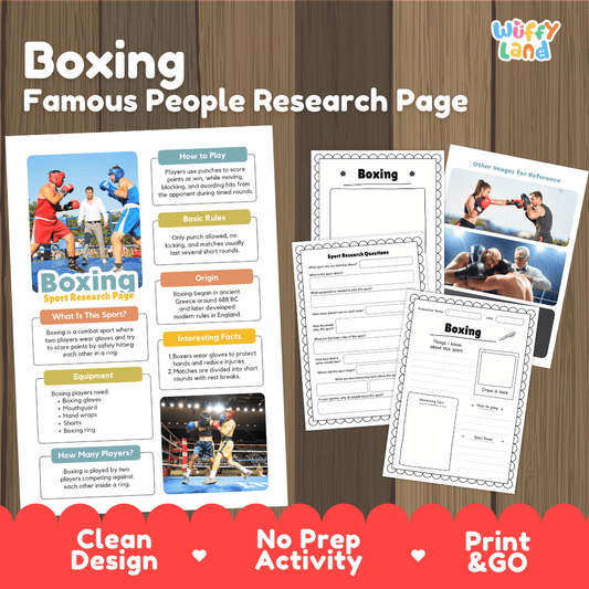 Boxing Famous People Research Page activity sheet set by Wiffy Land, featuring a main printed page and three smaller worksheet pages displayed on a wood background with promotional text at the bottom.