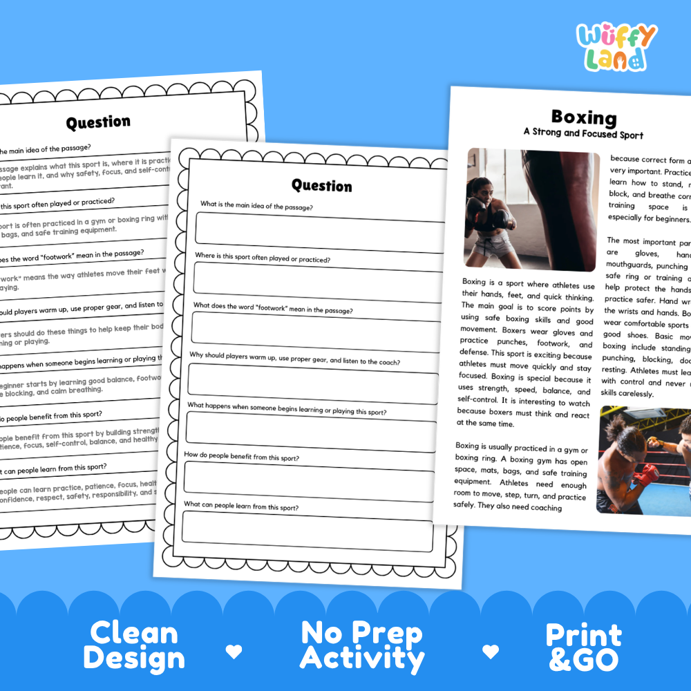 Boxing Sports Reading Passages and Comprehension Questions Worksheets